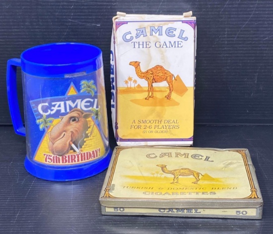 Vintage Camel Cigarette Tin, Camel Plastic Mug, Playing Cards and Cigarettes