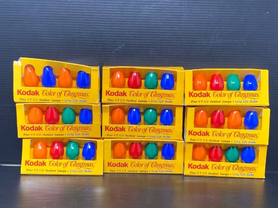 9 Boxes of Vintage Kodak "Color of Christmas" C-7 Light Bulbs- New