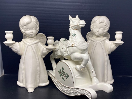 Pair of White Ceramic Angel Candle Holders and Musical Ceramic Rocking Horse