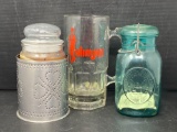Blue Canning Jar with Glass & Wire Closure, Slim Jim Glass Mug and Jar Candle w/ Punched Tin Holder