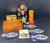 Cedar & Metal Boxes, Troll Nodder, Clown Doll, Acme Markets Needle Cases, Matches, Cigarette Ad,