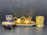 Blue & Gold Footed Limoges Heart Shape Box, Pearl Gold Sugar & Creamer on Tray, and Brass Etched Cup