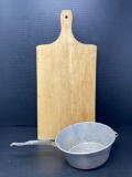 Wooden Cutting Board and Vintage No. 933 Wear Ever Aluminum Handled Strainer