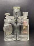 2 Glass Canisters with Lids, 2 Glass Decanters and Glass Jar with Wire Closure