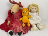 Stuffed Moose, Tweety Bird and Fabric Doll
