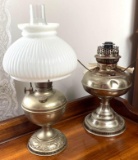 2 Metal Base Oil Lamps, One with White Glass Shade
