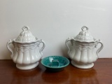 2 Ironstone Double Handled Lidded Jars and Statler Hotel Ashtray