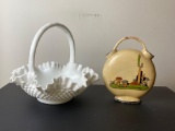 Hobnail Milk Glass Basket and Mexican Pottery Double Vase with Cactus Theme