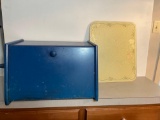 Blue Wooden Bread Box and Glass Cutting Board
