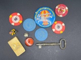 Casino Chips, Penn State Telethon Pin, US/MIA Flag Yellow Ribbon Pin, Leaf Pin, Key, Money Clip