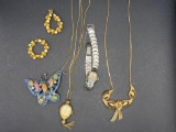 Costume Jewelry- Necklaces, Butterfly Brooch, Pierced Earrings and Lady's Hamilton Wrist Watch