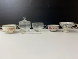 3 China Tea Cups, Etched Glass Creamer & Sugar and Spoon