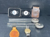 2 Zippo Key Holders, Camel Leather Fob, Leather Key Chain, Waltham Wrist Watch & 2 Tape Measures