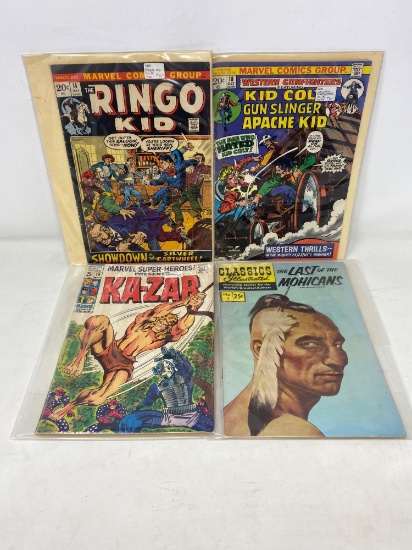 4 Comic Books- Ringo Kid; Kid Colt Gun Slinger Apache Kid; Ka-Zar; and The Last of the Mohicans