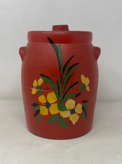 Lidded Stoneware Crock with Painted Exterior