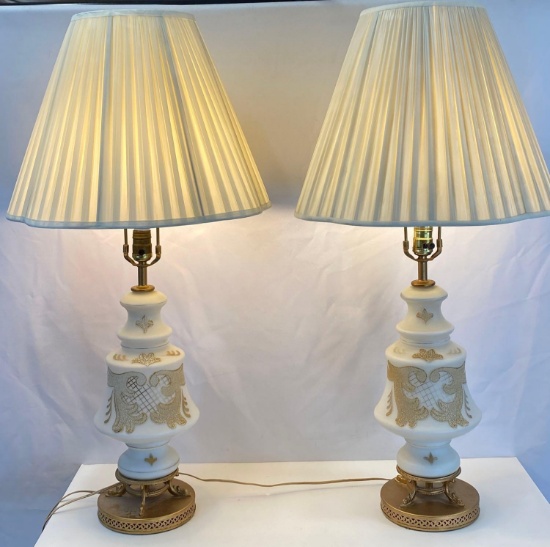 White & Gold Decorated Table Lamps with Pleated Shades