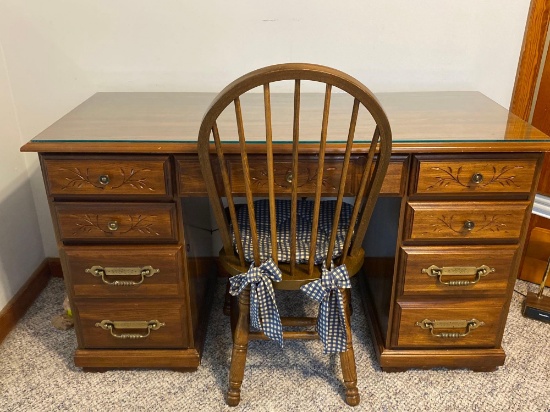 Vintage Wood Desk, Knee Hole Desk; and Desk Chair