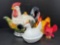 Rooster Teapot, Hen on Nest and 2 Other Rooster Items