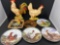 6 Rooster Plates and 2 Figures