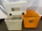 3 Plastic Storage Totes- One with Wheels, No Lids