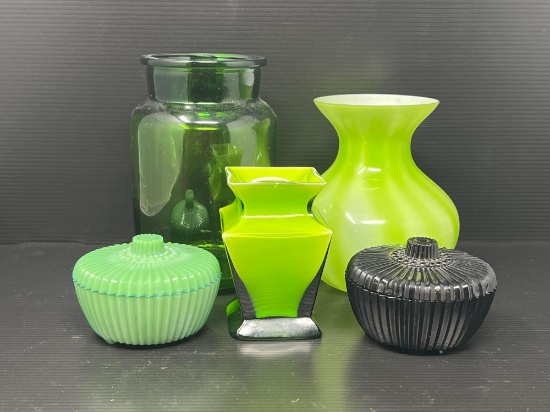 Green & Yellow Glass Vases and Lidded Bowls