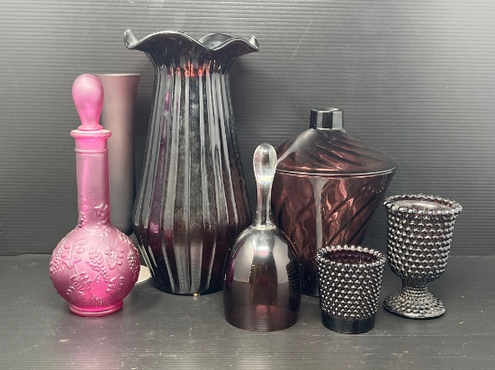 Pink & Amethyst Glass Vases, Dresser Bottle, Bell, Lidded Dish and Candle Holders