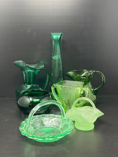 Green Glass Baskets, Pitchers, Vases, Rose Bowl