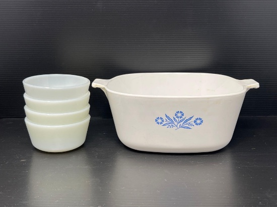 Corning Ware Casserole Dish and 4 Fire King Custard Cups