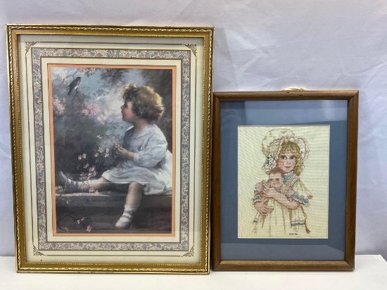 Framed Print of Girl with Bird and Framed Cross-Stitch of Girl with Doll