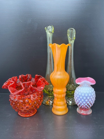 Colored Glass Vases- Including 2 Hobnail