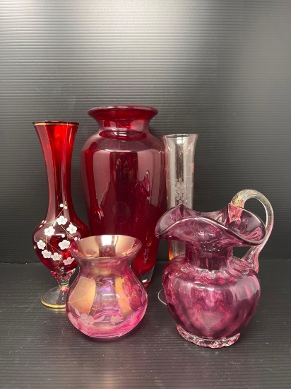 PInk & Red Glassware- Vases, Pitcher