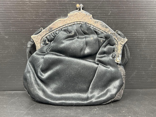 Leather Coin Purse with Embroidered Interior, Silverplate Clutch