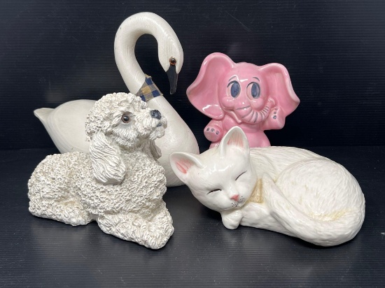 Swan, Elephant, Poodle and Sleeping Cat Figures