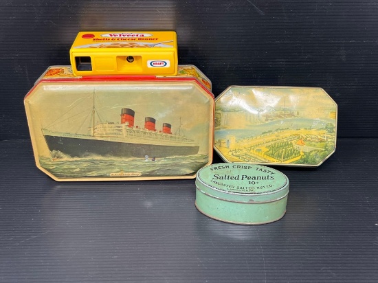 Velveeta Shells & Cheese Camera, 2 Decorative Tins and Lancaster Salted Nut Co. Peanut Tin