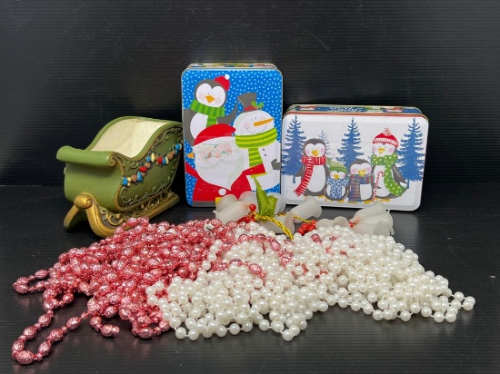 Chirstmas Tins, Ceramic Sleigh and Beaded Garland