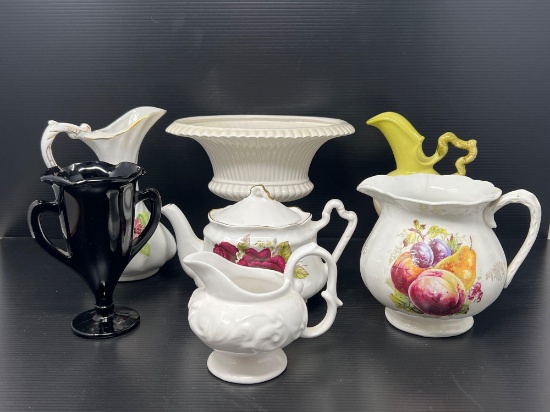China Creamers, Teapot, Pedestal Bowl and Double Handled Vase