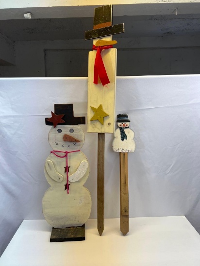 3 Wooden Snowmen- 2 are Garden Stakes