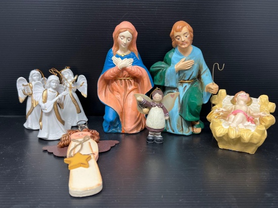 Nativity Figures- Mary, Joseph, Baby Jesus and Grouping of Angels