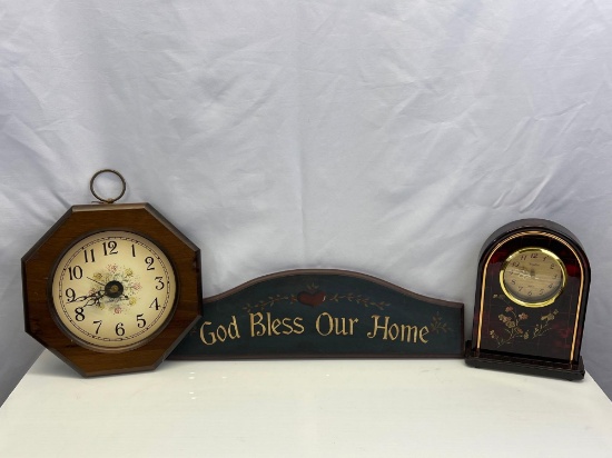 Wall Clock, Shelf Clock and "God Bless Our Home" Sign