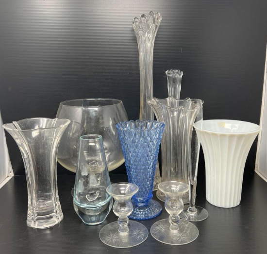 Clear, Blue & White Glass Vases
