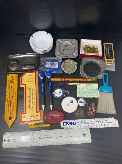 Advertising Lot- Thermometers, Ashtrays, Rulers, Pens, Key Rings, Etc.