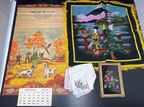 January 1974 Calendar, Handkerchief, Asian Painted Cloth & Tinsel Painting