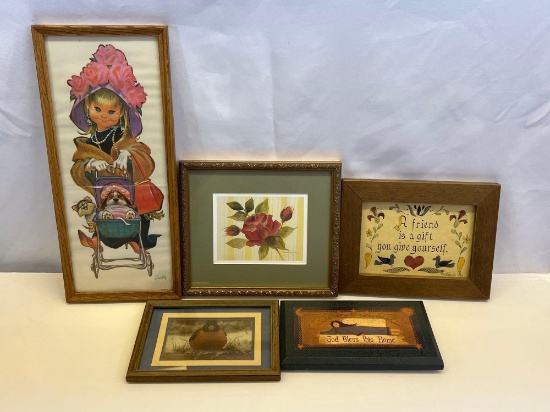 Framed Items- Bird Photo, Floral Print, God Bless This House, Dress-Up Girl and Fraktur Type