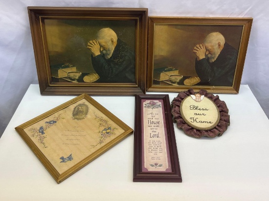 Framed Items- Matching Pair of Man at Table in Prayer, Religious Prints and Bless Our Home Piece