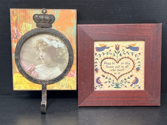 Metal Crown Hook Mounted on Wooden Plaque and Framed PA Dutch Type Blessing