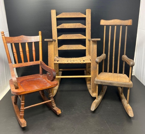 3 Miniature Rocking Chairs- Half Spindle Back, Ladder Back with Woven Seat and Spindle Back