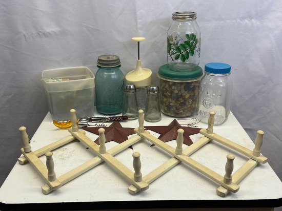 Wooden Expanding Hat Rack, Food Chopper, Salt & Pepper Shakers, Canning Jars, 2 Metal Stars