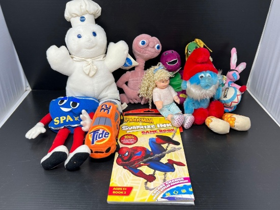 Toys Lot, Including PIllsbury Dough Boy, E.T., Papa Smurf, Barney, Energizer Bunny, Doll, Etc.