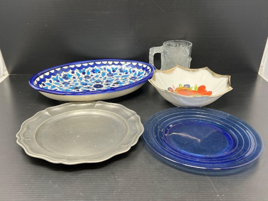 Blue Glass & Pewter Plate, Large Oval Platter, Clear Mug and Bowl