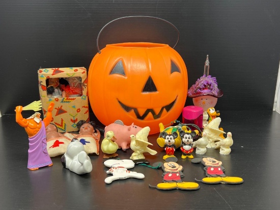 Plastic Jack-O-Lantern Bucket, Small Toys Including Mickey Mouses, Little Dolls, Animal & Birds